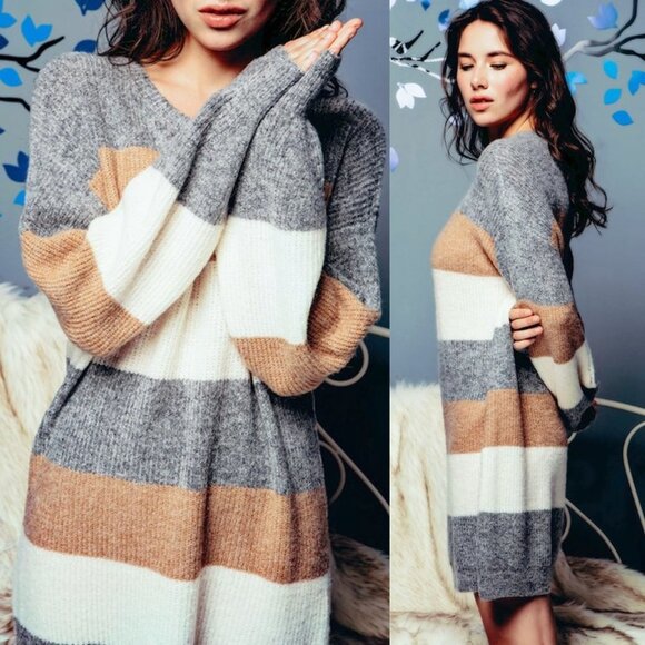 NEW Neutral Tan Ivory Gray Striped Colorblock Soft Sweater Dress Longline Tunic - Picture 7 of 13